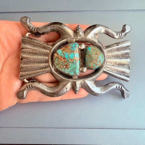 1960's Native American Sand Cast Sterling Silver Turquoise Begay Belt Buckle - Picture 2 of 6